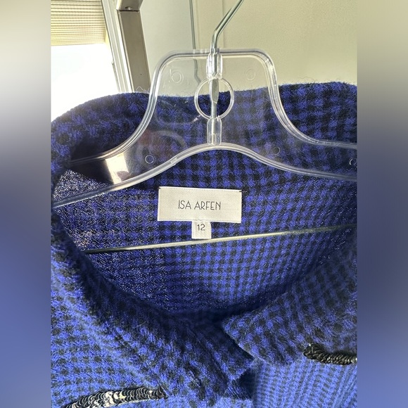 ISA ARFEN OVERSIZED SEQUIN-TRIMMED WOOL CHECKERED  SHIRTDRESS ROYAL BLUE SIZE 12 - Picture 8 of 9
